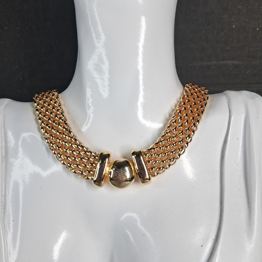 Gold Tone Metal Mesh Choker Statement Necklace 80's 90's Y2K Style